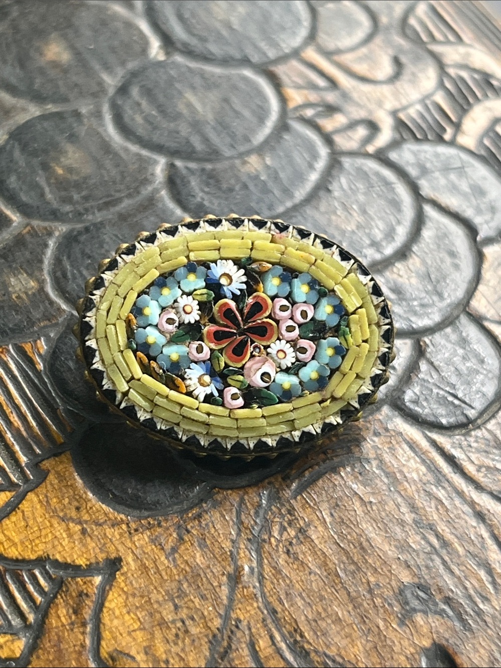 vintage Italian 1 inch long, floral micro mosaic brooch pin